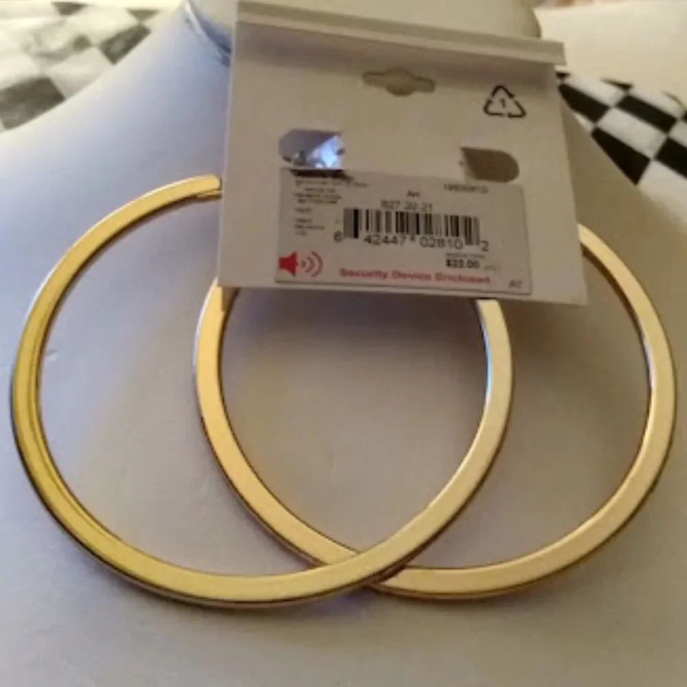 NINE WEST Mod Shiny Gold Smooth Flat Tube 3" Hoop Earrings**NEW! - Picture 3 of 3